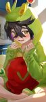  1boy absurdres alternate_costume black_hair blurry blurry_background blush commentary_request crossed_bangs green_footwear green_hoodie green_shorts hair_between_eyes hands_up highres hood hood_up hoodie hydrapple indoors issa_(user_csud2242) kieran_(pokemon) long_sleeves looking_at_viewer male_focus mole mole_on_neck open_mouth pokemon pokemon_sv short_hair shorts shy sitting sleeves_past_wrists slippers solo sweatdrop themed_object 
