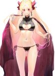  1girl adapted_costume bangs bikini black_sarong blonde_hair blush bow breasts closed_mouth commentary cowboy_shot earrings ereshkigal_(fate) ereshkigal_(youming_niangniang)_(fate) fate/grand_order fate_(series) hair_bow highres iris_(tb33064667) jewelry long_hair looking_at_viewer medium_breasts navel parted_bangs red_bow red_eyes sarong side-tie_bikini smile solo sweatdrop swimsuit two_side_up very_long_hair 
