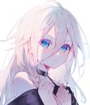 1girl :t ahoge bare_shoulders blue_eyes braid choker closed_mouth from_side grey_hair hair_between_eyes hands_up highres ia_(vocaloid) long_hair long_hair_between_eyes looking_at_viewer looking_to_the_side murumuru_(pixiv51689952) off_shoulder pout side_braid simple_background solo upper_body vocaloid white_background white_hair 