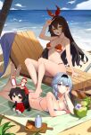  3girls absurdres amber_(genshin_impact) animal_ears applying_sunscreen arm_up bangs barefoot baron_bunny_(genshin_impact) beach beach_chair beach_towel bikini blue_bikini blue_sky blush bread breasts brown_hair closed_mouth cocktail_umbrella coconut drinking_straw eula_(genshin_impact) feet_up flower food foot_on_back fruit full_body genshin_impact grapes hairband heiyizhushenxia highres large_breasts light_blue_hair long_hair looking_at_viewer lotion lying medium_breasts medium_hair multiple_girls on_stomach open_mouth orange_(fruit) orange_slice rabbit_ears red_bikini sitting sky smile soles sunscreen swimsuit thighs towel untied untied_bikini v water yellow_eyes 