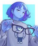  1girl absurdres blue_background blue_hair blue_skin colored_skin grey_shirt highres holding holding_removed_eyewear jio_pi long_sleeves looking_at_viewer medium_hair original pink_nails shirt simple_background solo sweater unworn_eyewear 