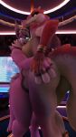 anthro big_breasts breasts butt duo female female/female fur ghits hand_holding hi_res jewelry kroxigor larger_female looking_at_viewer mamagen n0ll pink_body pink_fur pole rear_view size_difference slightly_chubby stripper_pole tail thick_thighs vulgarvictor