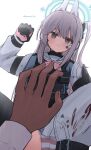  1girl 1other animal_ears beating black_gloves blood blood_on_clothes blue_archive blue_halo blue_serafuku blush braid clenched_hand closed_mouth earosoligt fake_animal_ears gloves grey_hair halo highres long_hair long_sleeves looking_at_viewer miyako_(blue_archive) one_side_up pink_gloves purple_eyes rabbit_ears raised_fist sailor_collar school_uniform serafuku simple_background twitter_username two-tone_gloves white_background white_sailor_collar 