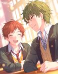  2boys arata_kojo blurry blush bokeh cardigan closed_eyes collared_shirt commentary_request dated depth_of_field desk green_hair green_jacket happy_birthday highres indoors jacket jewelry kamiya_inori long_sleeves looking_at_another male_focus multiple_boys necklace necktie on_air! open_mouth orange_hair orange_vest pentagram red_necktie school_uniform sekina shirt smile striped_necktie teeth upper_teeth_only vest watch white_shirt wristwatch yellow_cardigan yellow_eyes 