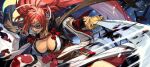  1girl baiken big_hair black_kimono breasts clenched_teeth cowboy_shot facial_tattoo guilty_gear guilty_gear_strive holding holding_sword holding_weapon hungry_clicker japanese_clothes katana kimono large_breasts long_hair multicolored_clothes multicolored_kimono official_art one_eye_closed pink_hair ponytail red_eyes scar scar_across_eye slashing solo sword tattoo teeth very_long_hair weapon white_kimono 