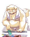  2022 anthro belly big_belly blush bodily_fluids canid canine canis clothing domestic_dog food humanoid_hands kemono male mammal moobs namihira_kousuke overweight overweight_male solo sweat tail_motion tailwag takagi_kyou tongue tongue_out towel towel_around_neck trouble_(series) underwear 