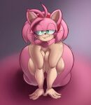 &lt;3 &lt;3_eyes accessory all_fours amy_rose anthro big_breasts bite biting_lip biting_own_lip breasts eulipotyphlan eyelashes female fur green_eyes hair_accessory hairband head_tuft hedgehog hi_res looking_at_viewer mammal nude pink_background pink_body pink_fur purple_background satsuki_supreme sega simple_background solo sonic_the_hedgehog_(series) tan_body tan_fur thick_thighs tuft wide_hips
