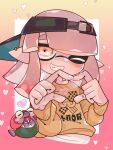  1girl 333negi border commentary_request cropped_torso gradient_border hat heart heart_hands highres inkling_girl inkling_player_character medium_hair one_eye_closed pink_eyes pink_hair pointy_ears print_sweater sideways_hat smallfry_(splatoon) smile splatoon_(series) splatoon_3 sweater teeth tentacle_hair thick_eyebrows upper_body visor_cap white_background white_border yellow_sweater 