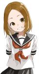  1girl arms_behind_back black_sailor_collar black_skirt brown_eyes brown_hair clenched_teeth cowboy_shot highres karakai_jouzu_no_(moto)_takagi-san karakai_jouzu_no_takagi-san looking_at_viewer medium_hair neckerchief nishikata_chii pleated_skirt red_neckerchief sailor_collar school_uniform serafuku shirt simple_background skirt smile solo teeth white_background white_shirt yamamoto_souichirou 