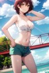  1girl ai-generated bikini bikini_top_only blue_shorts breasts bridge brown_hair cleavage closed_mouth green_eyes hinami_aoi jaku-chara_tomozaki-kun medium_breasts navel non-web_source short_hair short_shorts shorts stomach swimsuit white_bikini 