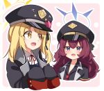  2girls black_coat black_headwear black_shirt blonde_hair blue_archive blue_halo blush coat collared_shirt hair_between_eyes halo hat ibuki_(blue_archive) iroha_(blue_archive) long_hair moja_(moja4192) multiple_girls necktie open_mouth outline peaked_cap purple_eyes red_hair red_necktie shirt side_ponytail sleeves_past_fingers sleeves_past_wrists smile white_outline white_shirt yellow_eyes yellow_halo 