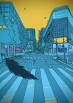  absurdres bird black_feathers building crosswalk crow feathers highres lamppost limited_palette no_humans original outdoors road sky street traffic_light tree vanishing_point xtoku5x yellow_sky 