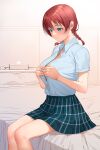  1girl a1 adjusting_clothes adjusting_shirt bed blue_eyes braid breasts collared_shirt commentary_request emma_verde green_skirt highres large_breasts love_live! love_live!_nijigasaki_high_school_idol_club on_bed plaid plaid_skirt red_hair shirt short_hair short_sleeves sitting skirt solo thighs tissue tissue_box twin_braids 