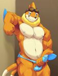 2016 anthro balls biped blue_eyes buizel bulge clothing digital_media_(artwork) erection eyewear eyewear_on_head fur generation_4_pokemon genital_outline genitals goggles goggles_on_head hi_res holding_penis humanoid_genitalia humanoid_penis looking_away male muscular muscular_anthro muscular_male navel nintendo orange_body orange_fur pecs penis penis_outline pokemon pokemon_(species) simple_background smile solo standing tail text underwear viridianvariant