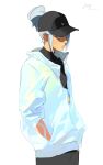  1girl a_shuang_wa absurdres artist_name baseball_cap black_headwear black_pants black_shirt blue_eyes blue_hair blue_jacket covered_collarbone frown hat highres jacket jett_(valorant) looking_to_the_side pants shirt simple_background sketch solo sweatpants valorant white_background 