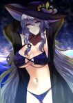  1girl arms_up bikini black_headwear black_swan_(honkai:_star_rail) blue_sealad breasts commentary cowboy_shot highres honkai:_star_rail honkai_(series) large_breasts long_hair looking_at_viewer navel purple_bikini purple_hair solo standing stomach swimsuit very_long_hair yellow_eyes 