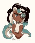  1girl artist_name black_hair cephalopod_eyes closed_mouth commentary_request crop_top cropped_torso dark-skinned_female dark_skin eyelashes gradient_hair green_hair headphones highres long_hair marina_(splatoon) mole mole_under_mouth multicolored_hair shogo_(shogo70449442) simple_background solo splatoon_(series) tentacle_hair thick_eyebrows twitter_username two-tone_hair upper_body white_background 