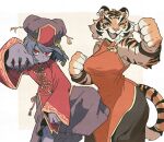  2girls ;d absurdres bare_shoulders bell black_pants breasts chinese_clothes clenched_hands closed_mouth colored_skin cowboy_shot ear_bell fighting_stance furry furry_female grey_background grey_hair grey_nails grey_pants grey_skin grey_skirt hand_up hat highres jiangshi jingle_bell knee_up long_hair long_sleeves looking_at_viewer medium_breasts multiple_girls ofuda ofuda_on_head one_eye_closed open_mouth original outside_border outstretched_arm pants pelvic_curtain red_eyes short_hair skirt sleeveless smile standing standing_on_one_leg swept_bangs talisman tangzhuang tiger_girl toggles tomochiso wide_sleeves wrist_cuffs 