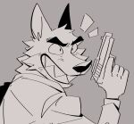  ambiguous_gender anthro canid canine canis cross-eyed dreamworks eyebrows grey_background grin gun hi_res humanoid_hands klhpyro looking_at_viewer looking_back male_(lore) mammal monochrome mr._wolf_(the_bad_guys) ranged_weapon sharp_teeth simple_background simple_eyes smile solo teeth the_bad_guys weapon wolf 