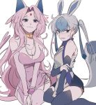  2girls bare_shoulders blush breasts choker cleavage closed_mouth collarbone commentary_request detached_sleeves dress earrings espeon eyelashes forehead_jewel glaceon grey_eyes heart highres jewelry korean_commentary long_hair memoji_7672 multicolored_hair multiple_girls personification pink_hair pokemon pokemon_ears pokemon_tail purple_dress scarf sitting smile tail thighhighs yellow_choker 