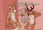 2024 anthro anthro_on_anthro antlers balls biped blush brown_body brown_fur canid canine canis cantio_(lawyerdog) casual_erection casual_nudity countershade_fur countershade_torso countershading coyote deer dialogue digital_media_(artwork) duo english_text erection flaccid foreskin fur genitals glans half-erect horn humanoid_genitalia humanoid_penis interspecies lawyerdog male male/male mammal panko_(lawyerdog) penis social_nudity tail text