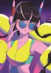  1girl absurdres black_hair blurry blurry_background breasts cleavage collarbone cometeau_poke commentary_request elesa_(pokemon) headphones highres long_hair looking_at_viewer pink_lips pokemon pokemon_bw2 pursed_lips solo sunglasses upper_body yellow-framed_eyewear 
