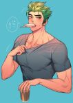  1boy bara blue_background blush cup food food_in_mouth genji_(overwatch) green_hair grey_shirt holding holding_cup large_pectorals male_focus muscular muscular_male nkraae overwatch overwatch_2 pectorals popsicle popsicle_in_mouth shirt short_hair simple_background solo translation_request 