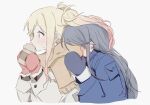  2girls blonde_hair blue_hair blue_jacket blue_mittens blush brown_scarf colored_tips commentary cropped_torso cup disposable_cup hoshino_ichika_(project_sekai) hug hug_from_behind jacket long_hair long_sleeves mittens multicolored_hair multiple_girls pann_(1202zzzx00) project_sekai red_eyes scarf simple_background sweatdrop tenma_saki two_side_up upper_body white_background white_jacket winter_clothes yuri 
