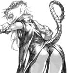  ass bad_drawr_id bad_id black_panties cape character_request copyright_request cowboy_shot dress greyscale horns leaning_forward looking_at_viewer monochrome oekaki outstretched_arm panties revealing_clothes shinazo short_hair sideways_glance simple_background tail tail_raised underwear white_background 