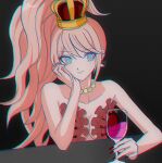  1girl alcohol bare_arms bare_shoulders bead_necklace beads breasts cleavage crown cup danganronpa:_trigger_happy_havoc danganronpa_(series) danganronpa_10th_anniversary_costume drinking_glass enoshima_junko jewelry long_hair medium_breasts necklace official_alternate_costume sinamolol upper_body wine wine_glass 