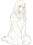  1girl clothing_cutout commentary_request eyelashes full_body highres long_hair looking_at_viewer monochrome original pants parted_lips sakashima_0822 shoulder_cutout signature simple_background sitting solo sweater wariza zipper 