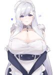  1girl absurdres azur_lane bangs belfast_(azur_lane) breasts chain choker cleavage closed_mouth collar commentary_request detached_sleeves eyebrows_visible_through_hair heart highres huge_breasts large_breasts long_hair looking_at_viewer maid maid_headdress metal_collar mogi_yasunobu motion_lines purple_eyes simple_background sleeveless solo upper_body very_long_hair white_background 