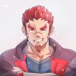  1boy akashi_(live_a_hero) bara bulge crossed_arms facial_hair goatee grin highres live_a_hero long_sideburns looking_at_viewer male_focus muscular muscular_male pectorals petals portrait poteto02888292 red_eyes red_hair scar scar_on_face scar_on_nose short_hair sideburns smile solo thick_eyebrows v-shaped_eyebrows 