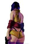  1girl ass bare_shoulders cowboy_bebop faye_valentine gun handgun highres holding holding_gun holding_weapon purple_hair shorts simple_background solo wallace_pires weapon white_background yellow_shorts 