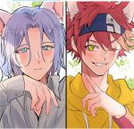  2boys animal_ears blue_eyes blush cat cat_ears grey_shirt grgr_nico hair_between_eyes hand_up hasegawa_langa headband highres hood hood_down hoodie kyan_reki looking_at_viewer male_focus multiple_boys one_eye_closed portrait red_hair red_wristband shirt short_hair sk8_the_infinity wristband yellow_eyes yellow_hoodie 