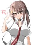  1girl absurdres arm_at_side bespectacled black-framed_eyewear black_choker blush breasts brown_eyes brown_hair choker closed_mouth collared_shirt commentary_request cross_print glasses hair_between_eyes hair_ornament hairclip hand_up highres impossible_clothes large_breasts long_hair looking_at_viewer minakami_yuki necktie ponytail rectangular_eyewear red_necktie school_uniform shirt short_sleeves simple_background smile smug solo sparkle subarashiki_hibi takagi-18102817 translation_request upper_body white_background white_shirt 