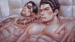  2boys abs arm_tattoo bara black_hair chest_tattoo closed_eyes closed_mouth eyepatch facial_hair kiryu_kazuma large_pectorals looking_at_viewer majima_goro male_focus mogumogu_(563chan) multiple_boys muscular muscular_male nipples one_eye_covered parted_lips pectorals ryuu_ga_gotoku_(series) short_hair tattoo yaoi 