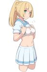  1girl bangs blonde_hair blunt_bangs bra clothes_lift eyebrows_visible_through_hair green_eyes lillie_(pokemon) long_hair looking_at_viewer navel pleated_skirt pokemon pokemon_(game) pokemon_sm ponytail shirt shirt_lift shiseki_hirame skirt solo underwear white_background white_bra white_shirt 