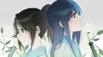  2girls absurdres bangs black_hair blue_eyes blue_hair blue_neckerchief blue_sailor_collar closed_mouth flower flute hibike!_euphonium highres holding holding_instrument instrument kasaki_nozomi kitauji_high_school_uniform lily_(flower) liz_to_aoi_tori long_hair multiple_girls neckerchief oboe ponytail red_eyes sailor_collar school_uniform serafuku shirt smile white_flower white_shirt yoroizuka_mizore zhanzheng_zi 