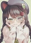  1girl :3 absurdres animal_ears beret blush braid brown_hair dog_ears dog_girl flower glasses green_background hair_flower hair_ornament hands_on_own_face hat head_rest heterochromia highres inui_toko inui_toko_(3rd_costume) kitsutsuki_tsuki light_smile looking_at_viewer nijisanji outline red_eyes sleeves_past_wrists solo sweater twin_braids virtual_youtuber white_outline yellow_eyes 