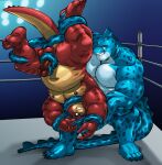  2022 anthro belly big_belly blue_body duo erection fighting_ring genitals hi_res humanoid_genitalia humanoid_hands humanoid_penis male male/male markwulfgar monster moobs musclegut nipples overweight overweight_male penis red_body rumble_(movie) steve_(rumble) tentacles tentacular_(rumble) 