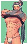  1boy abs angry arm_tattoo bara bare_pectorals black_hair black_tank_top blush bulge chest_tattoo closed_mouth clothes_lift fundoshi grey_hair hanzo_(overwatch) highres japanese_clothes large_pectorals looking_at_viewer male_focus multicolored_hair muscular muscular_male navel nipples nkraae overwatch overwatch_2 pectorals ponytail solo tank_top tattoo two-tone_hair 