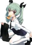  1girl anchovy_(girls_und_panzer) anzio_school_uniform bad_link black_necktie black_skirt blush breasts buchikaki collarbone drill_hair food girls_und_panzer green_hair hair_ribbon highres long_hair looking_at_viewer miniskirt necktie pantyhose pizza pizza_slice red_eyes ribbon school_uniform simple_background skirt small_breasts solo twin_drills twintails white_background white_pantyhose 