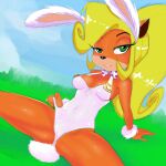 2017 activision anthro bandicoot blonde_hair bow_tie breasts brown_body bunny_costume clothed clothing coco_bandicoot costume crash_bandicoot_(series) day eyebrows eyelashes fake_ears fake_rabbit_ears female fingers fluffy_(artist) grass green_eyes hair long_hair looking_at_viewer mammal marsupial multicolored_body outside plant ponytail solo spread_legs spreading tan_body two_tone_body