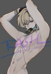  1923rash 1boy arms_up aventurine_(honkai:_star_rail) black_gloves blonde_hair bracelet card cowboy_shot earrings gloves hair_between_eyes highres honkai:_star_rail honkai_(series) jewelry looking_at_viewer male_focus midriff navel neck_tattoo nipple_piercing nipples nude piercing playing_card signature simple_background solo tattoo upper_body 