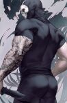  1boy arm_tattoo back bara black_pants call_of_duty call_of_duty:_modern_warfare_2 ghost_(modern_warfare_2) highres holding holding_weapon knife looking_at_viewer male_focus mask muscular muscular_male pants skull_mask solo tattoo weapon zhyphenth 