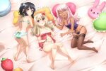  3girls :d ass ass_cutout babydoll bare_shoulders barefoot bed_sheet black_hair blonde_hair blush bow bra bracelet breasts brown_eyes chloe_von_einzbern clothing_cutout commentary_request d: dark-skinned_female dark_skin fate/kaleid_liner_prisma_illya fate_(series) flower food-themed_ornament frilled_pillow frills hair_bow hair_ornament hand_on_own_chest hand_on_own_stomach heart heart-shaped_pillow heart_cutout illyasviel_von_einzbern jewelry lingerie long_hair long_legs looking_at_viewer lying megami_magazine miyu_edelfelt multiple_girls navel no_shoes official_art on_side open_mouth panties pillow pink_hair red_eyes satou_kaori second-party_source side-tie_panties side_ponytail small_breasts smile stomach textless_version thighhighs underwear underwear_only white_hair yellow_eyes 