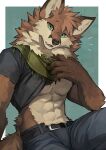 abs anthro bottomwear brown_body brown_fur canid clothed clothing clothing_lift fur green_eyes hair looking_at_viewer male mammal multicolored_body multicolored_fur muscular muscular_anthro muscular_male pants pecs pose scarf shirt shirt_lift solo topwear two_tone_body two_tone_fur windwttom
