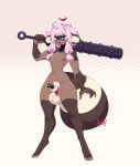 animal_humanoid anthro balls blue_eyes bow_ribbon breasts brown_body brown_fur canid canid_humanoid canine canine_humanoid fur genitals gynomorph hair hi_res humanoid intersex mammal mammal_humanoid momo_(nedoiko) multicolored_body multicolored_fur nedoiko pink_hair plug_insertion solo spiked_club tail tanuki_humanoid