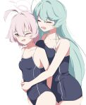  2girls ahoge bare_shoulders blue_archive blue_hair blue_one-piece_swimsuit blush breast_press breasts closed_eyes collarbone commentary cowboy_shot hair_between_eyes halo highres hoshino_(blue_archive) hoshino_(young)_(blue_archive) hug hug_from_behind kusana_(kusana47454281) large_breasts long_hair multiple_girls one-piece_swimsuit one_eye_closed open_mouth orange_eyes pink_hair pink_halo short_hair simple_background small_breasts swimsuit white_background yume_(blue_archive) yuri 